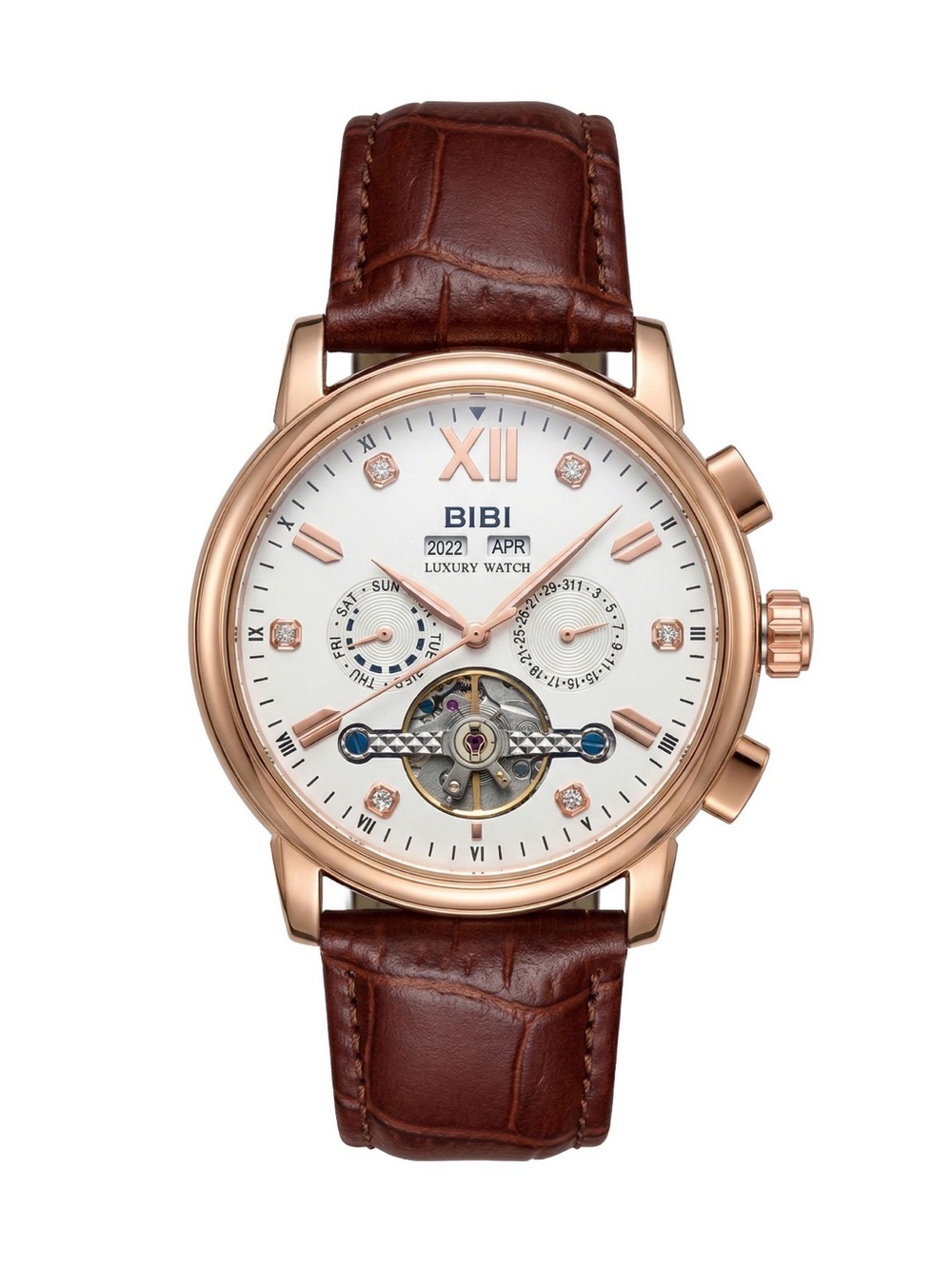 BiBi Men's Watch - Brown Leather Strap with Rose Gold Case
